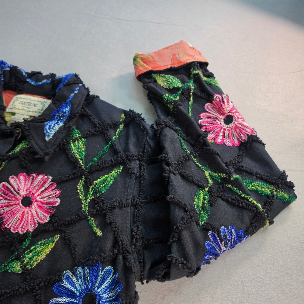 Tantrums Black Floral Embroidered Cotton Lattice Jacket M Boho Whimsigoth Vtg - Picture 8 of 13